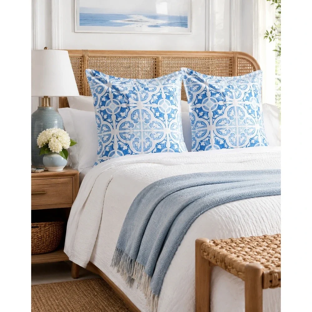 Charter‎ Club Painted Tile Euro Shams Set Blue White Boho Coastal Cotton Beach